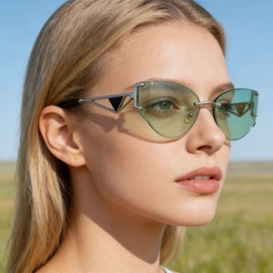 Détails de lunettes de soleil œil de chat sans monture avec verres verts et branches argent