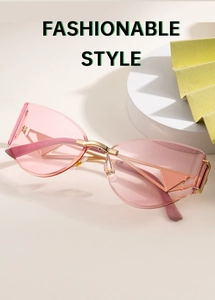 Détail d'une lunette de soleil papillon sans monture avec verres roses et branches or