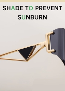 Détail de lunettes œil-de-chat sans monture avec branche géométrique dorée et logo noir