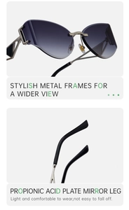 Détail de lunettes de soleil œil-de-chat sans monture avec cadre métallique