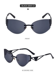 Détail de lunettes de soleil œil-de-chat sans monture avec branches triangulaires ajourées