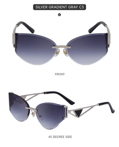 Lunettes de soleil œil de chat sans monture gris dégradé argent C3, vues de face