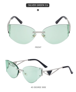 Lunettes de soleil œil de chat sans monture argent avec verres vert clair et branche