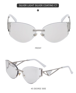 Vue détaillée de lunettes soleil œil de chat sans monture argent avec branches métal