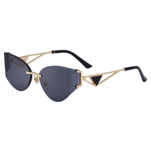 Lunettes de soleil œil-de-chat sans monture avec branches géométriques dorées et verres gris