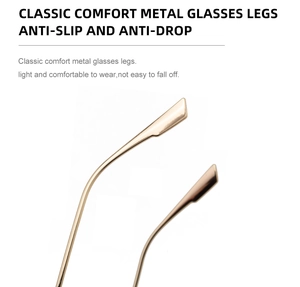 Detail of rose gold metal eyewear temples featuring ergonomic anti-slip curved ends