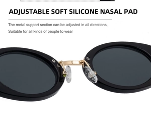 Close-up of adjustable soft silicone nose pads on oval frame sunglasses for custom comfort