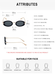 Detailed spec sheet showing oval metal frame sunglasses dimensions and face shape guide