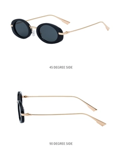 Detail view of oval black frame sunglasses with slim gold metal temples from multiple angles