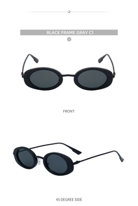 Detailed front and side views of black oval sunglasses with gray lenses and metal arms