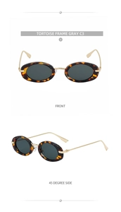 Detail view of oval tortoise shell sunglasses with golden metal temples and grey lenses