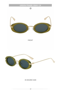 Detail view of oval green frames with grey lenses and sleek gold metal temples