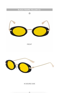Front and side view of oval black frame sunglasses with yellow lenses and gold metal temples