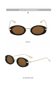 Front and 45-degree side view of oval black frame sunglasses with brown lenses and gold temples