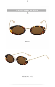Detail view of oval tortoise frame sunglasses with brown lenses and gold metal temples