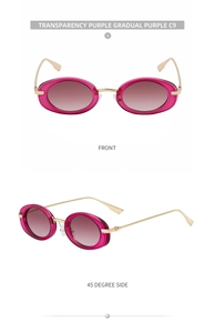 Front and side view of small oval sunglasses with purple frames and golden metal temples