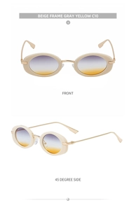 Detail view of oval beige sunglasses with gold temples and gray-yellow gradient lenses