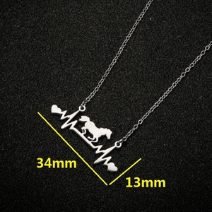 Silver stainless steel horse pendant necklace with EKG heart design, 34mm x 13mm size