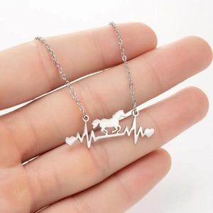 Elegant silver necklace with a heart-pulse line and running horse silhouette pendant