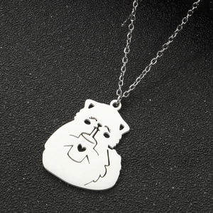 Cute Cartoon Cat Drinking Milk Pendant Necklace Stainless Steel Hollow Heart Design Sweet Style Jewelry For Women
