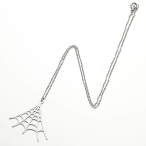 Detailed view of silver stainless steel spider web pendant with delicate link chain