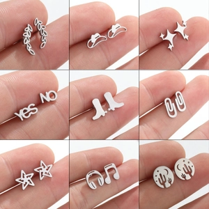 Stainless Steel Stud Earrings Minimalist Western Cactus Cowboy Hat Star Letter Music Note Fashion Jewelry Women