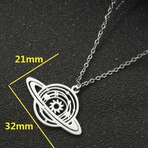 Silver stainless steel Saturn pendant necklace measuring 32mm by 21mm with fine chain