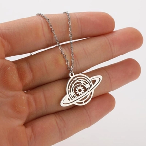 Macro shot of silver-toned stainless steel hollow planet pendant with sleek link chain