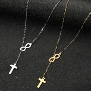 Infinity Cross Lariat Necklace Stainless Steel Minimalist Elegant Jewelry For Women Religious Faith Pendant