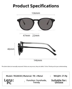 Detailed size specifications for round frame sunglasses with 136mm width and dimensions