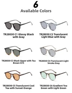 Selection of round frame sunglasses in six colors including black, blue, and gradient tea