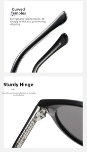 Detail of round sunglasses featuring curved non-slip temples and reinforced metal hinges