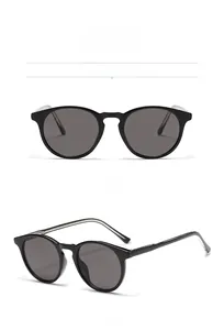 Front and 45-degree views of retro round black sunglasses with dark grey lenses