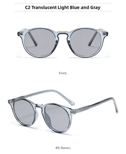 Detail view of round sunglasses in transparent light blue frame with light gray lenses