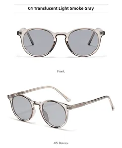 Detail view of round translucent smoke grey frame and light grey tinted lenses