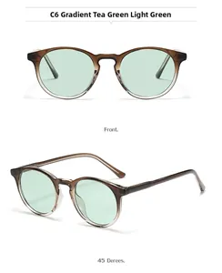 Close-up of retro round brown sunglasses with gradient green lenses from two angles
