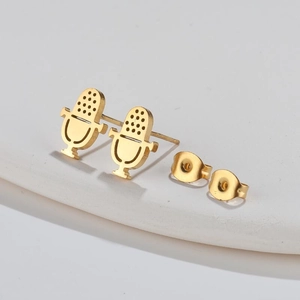 Gold vintage microphone stud earrings in stainless steel with a polished finish