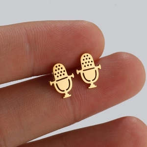 Creative 18K gold microphone shaped stud earrings with hollow design for hip-hop style