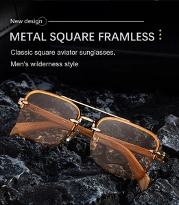 Detail of pilot rimless sunglasses with gold metal frame and wood grain texture temples