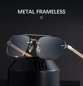 Detail of metal frameless sunglasses with high-quality wood grain textured temples