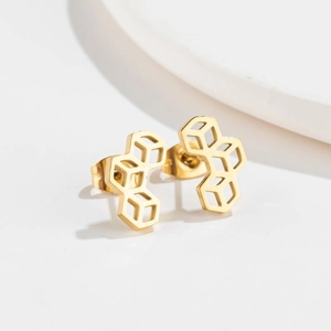 Modern geometric hollow honeycomb square stud earrings in polished golden finish