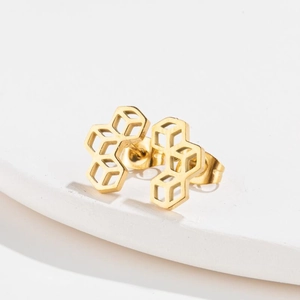 Minimalist 3D geometric gold honeycomb hollow square stud earrings in stainless steel