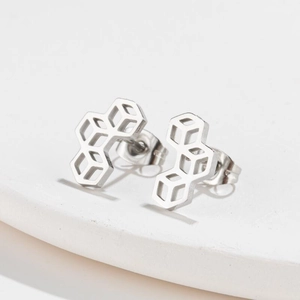 Minimalist geometric honeycomb stud earrings in polished stainless steel hollow design