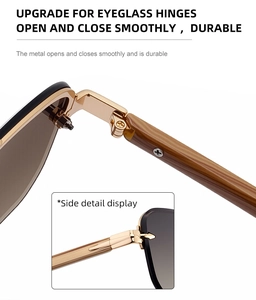 Close-up of premium metal hinge and wood texture temples on rimless sunglasses