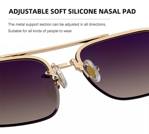 Detail of adjustable soft silicone nose pads and golden metal frame on pilot sunglasses