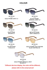 Detail view of seven rimless sunglasses styles with wood grain temples and double bridge