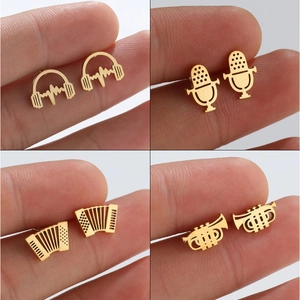 Music Theme Stud Earrings Stainless Steel Microphone Headphone Accordion Trumpet Musical Note Shape Retro Jewelry For Women