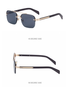 Detail view showing 45 and 90 degree side angles of rimless wood grain sunglasses