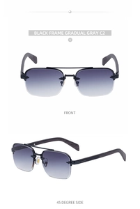 Close-up of rimless sunglasses with metal frame and wood grain textured temples