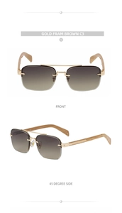 Detailed front and side view of rimless gold sunglasses with brown gradient lenses